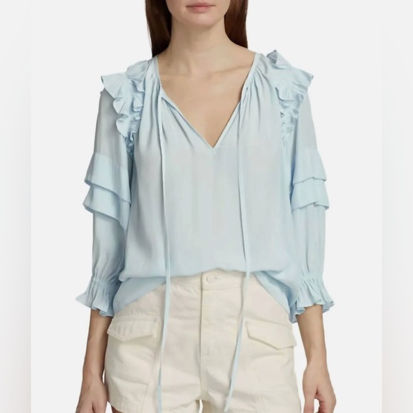 NWT Ramy Brook Women’s Samira Top Ruffled Crystal Blue Blouse Small Coquette - Picture 1 of 13
